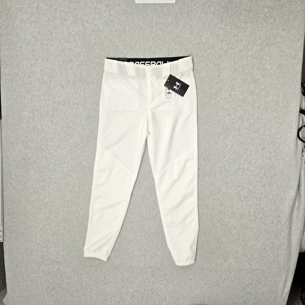 Under Armour Boys Jersey YM White Baseball Pants Logo Tapered 24" Inseam